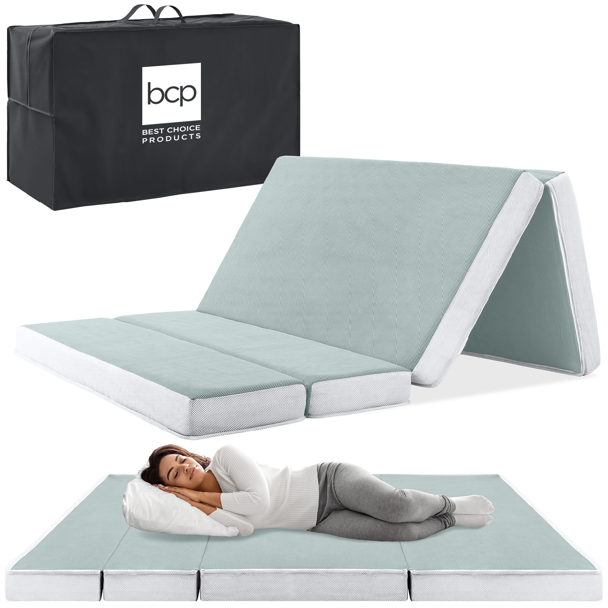 4in Thick Folding Portable Twin Mattress Topper w/ Carry Case, Washable Cover - Seafoam - Best Choice Products Online