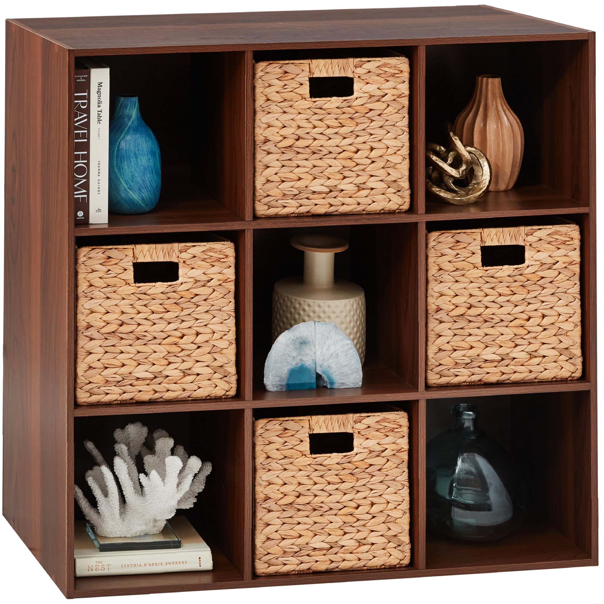 9-Cube Bookshelf, Display Storage System, Compartment Organizer w/ 3 Removable Back Panels - Walnut - Best Choice Products Online