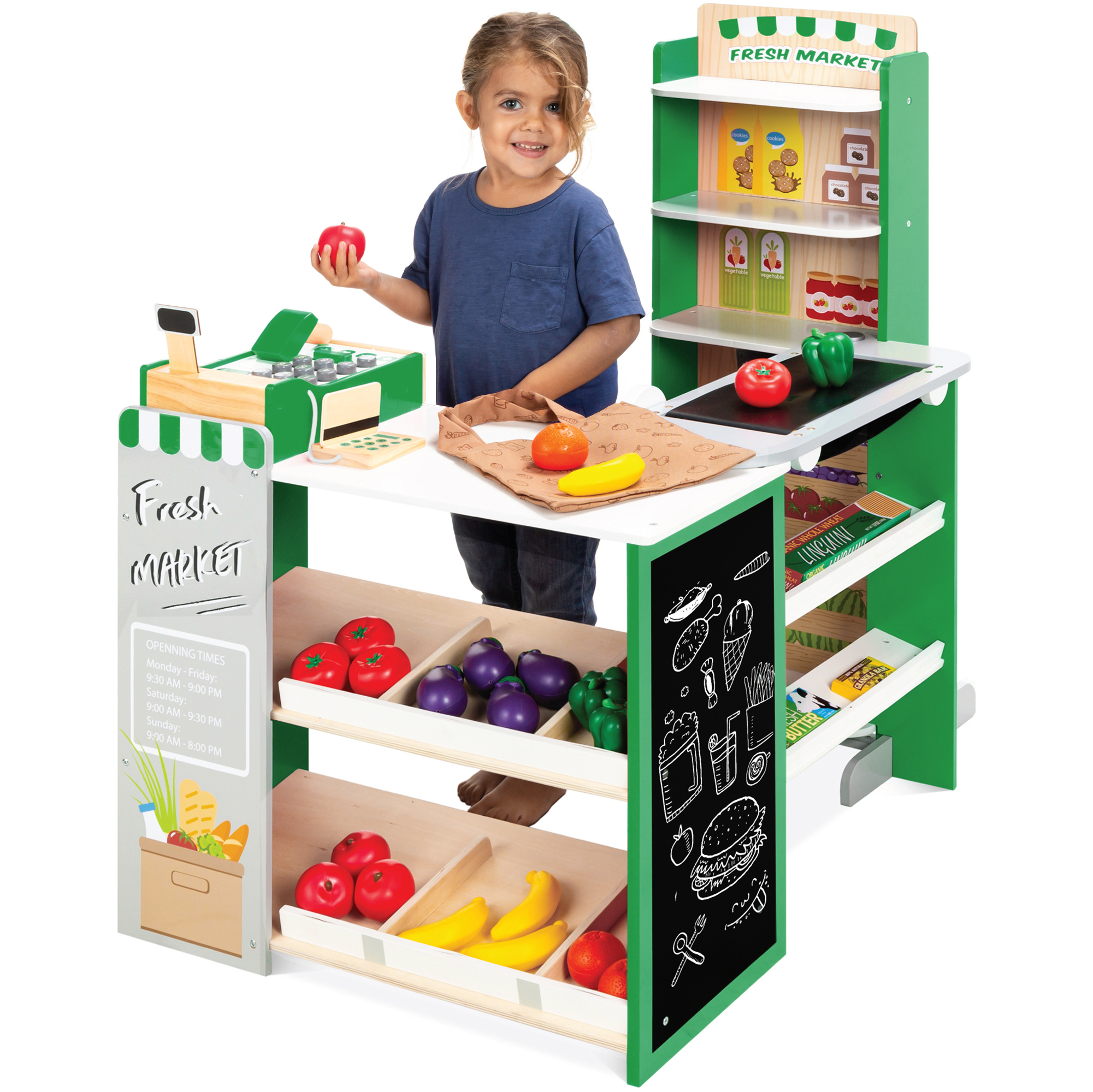Kids Pretend Play Grocery Store Wooden Supermarket Set w/ Chalkboard, Cash Register - Green - Best Choice Products Online