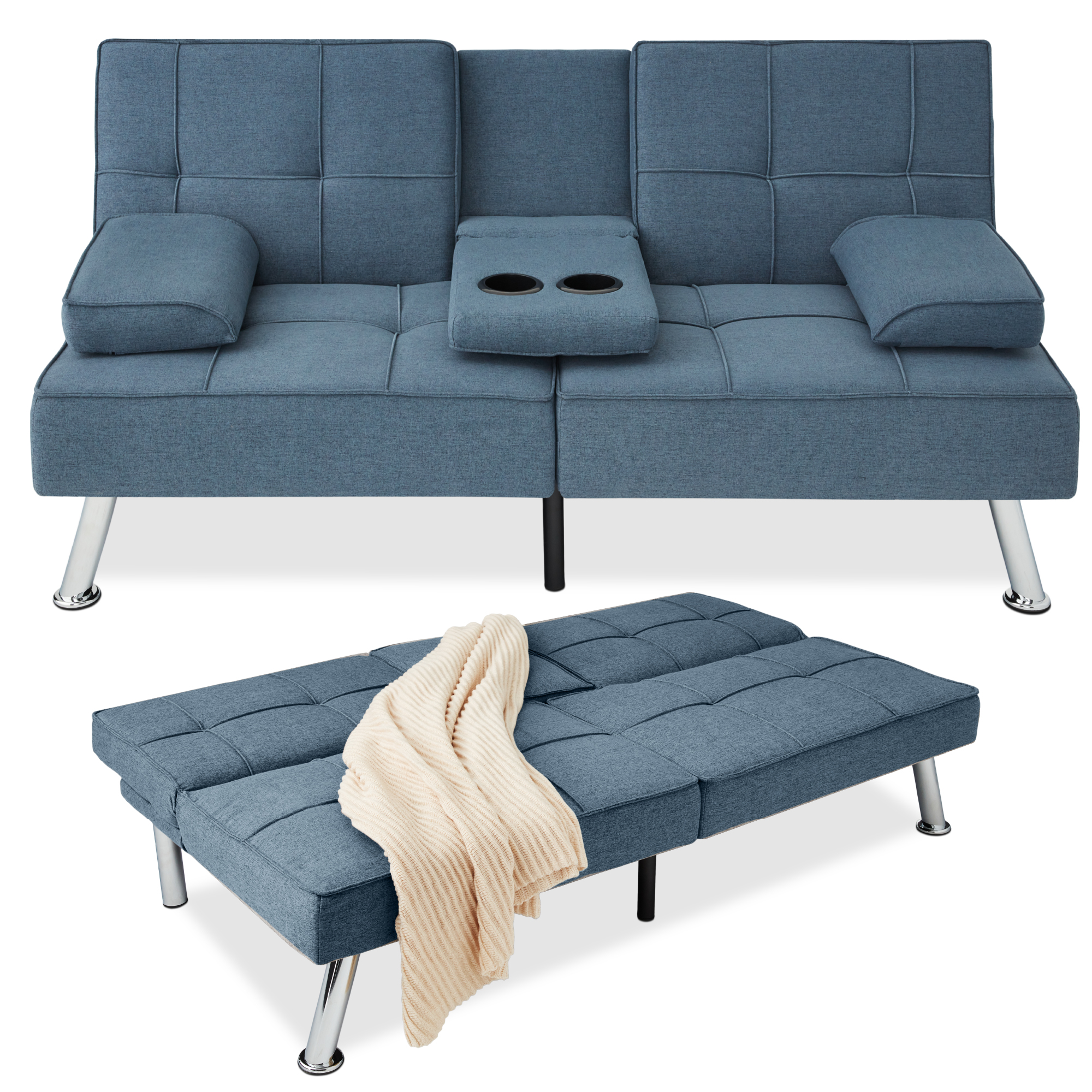 Linen Upholstered Convertible Sofa Bed Futon, Modern Design w/ Removable Armrests, Metal Legs, 2 Cupholders - Blue - Best Choice Products Online