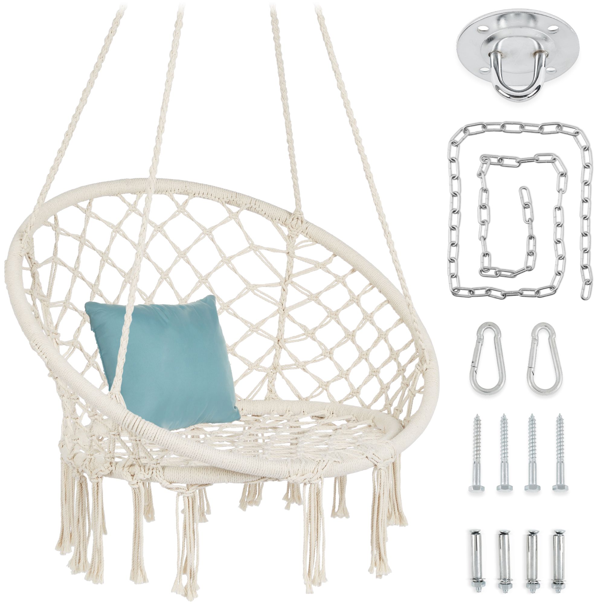 Handwoven Cotton Macramé Indoor Outdoor Hammock Hanging Chair Swing w/ Backrest - Beige - Best Choice Products Online