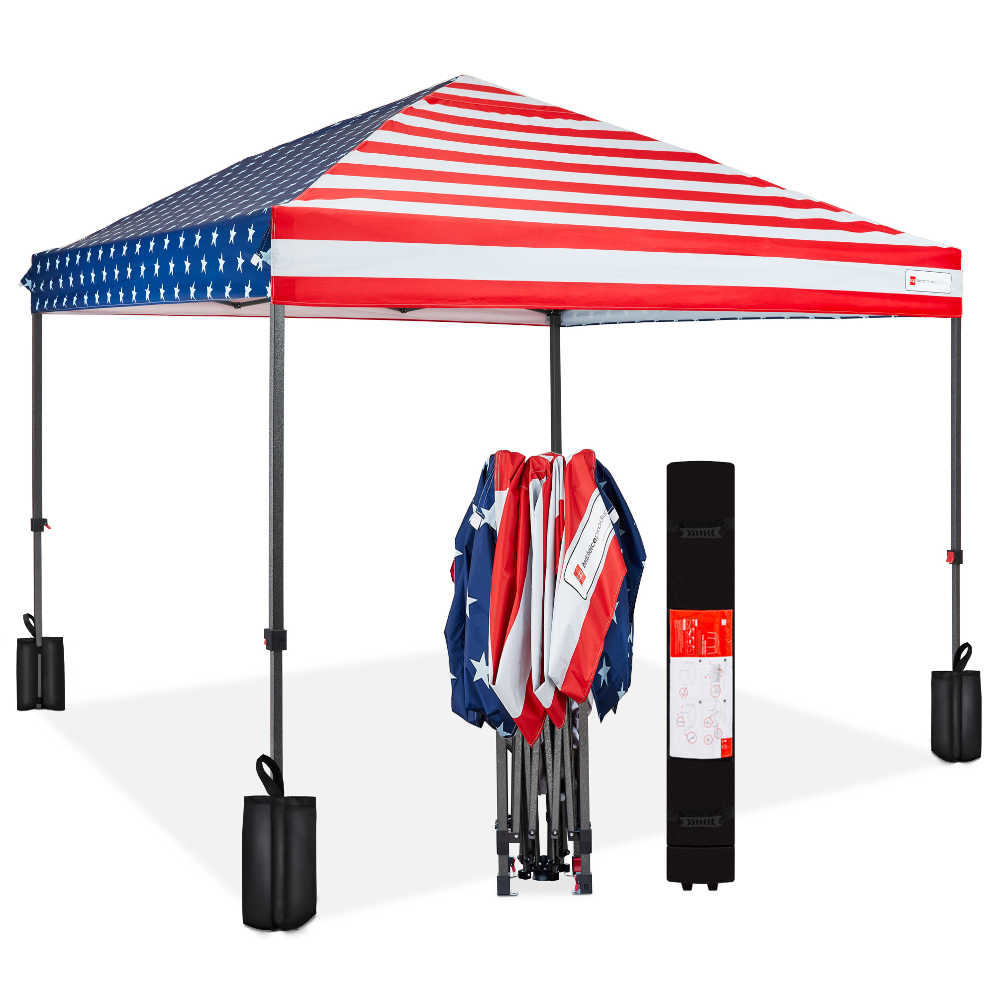 One-Person Setup 10x10ft Instant Pop-Up Canopy Portable Tent w/ 1-Button Push, Wheeled Carry Case - American Flag - Best Choice Products Online