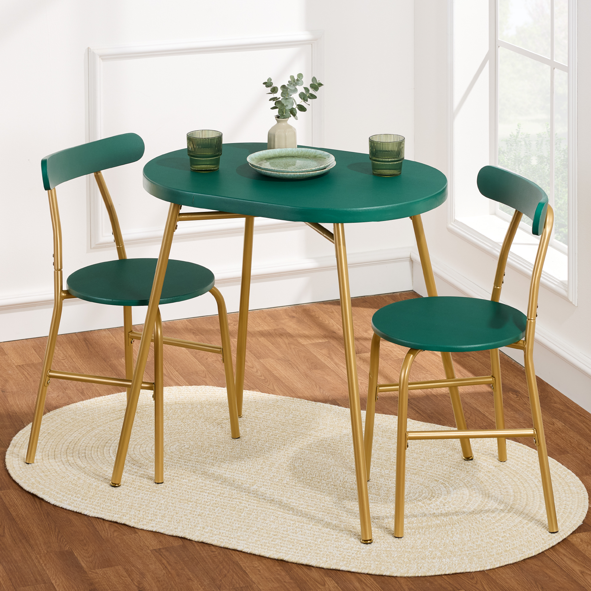 3-Piece Modern Oval Dining Table Set, Small Kitchen Dinette w/ 2 Chairs - Dark Green/Gold - Best Choice Products Online