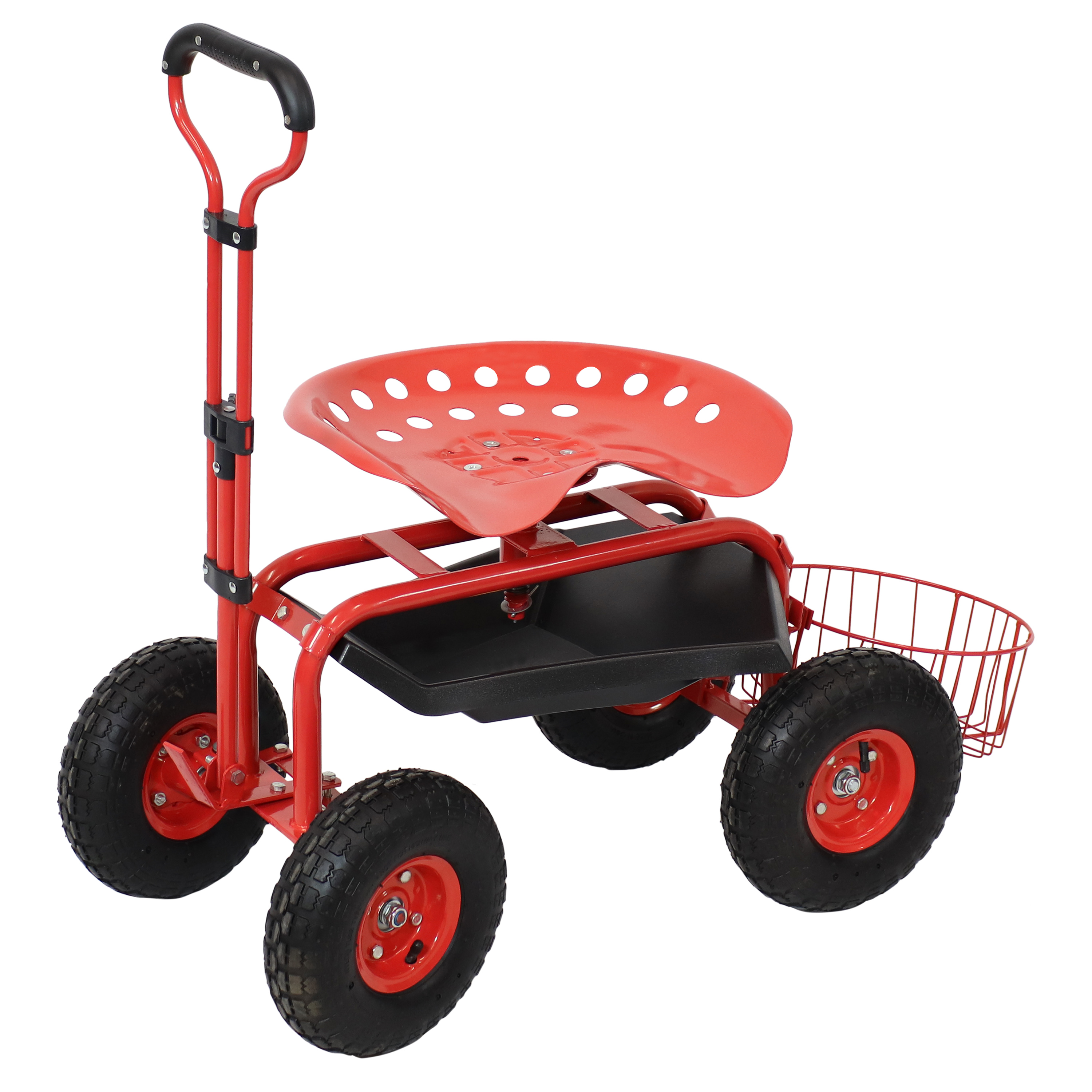 Sunnydaze Rolling Garden Cart with Extendable Steering Handle, Swivel Seat & Planter Basket, Red