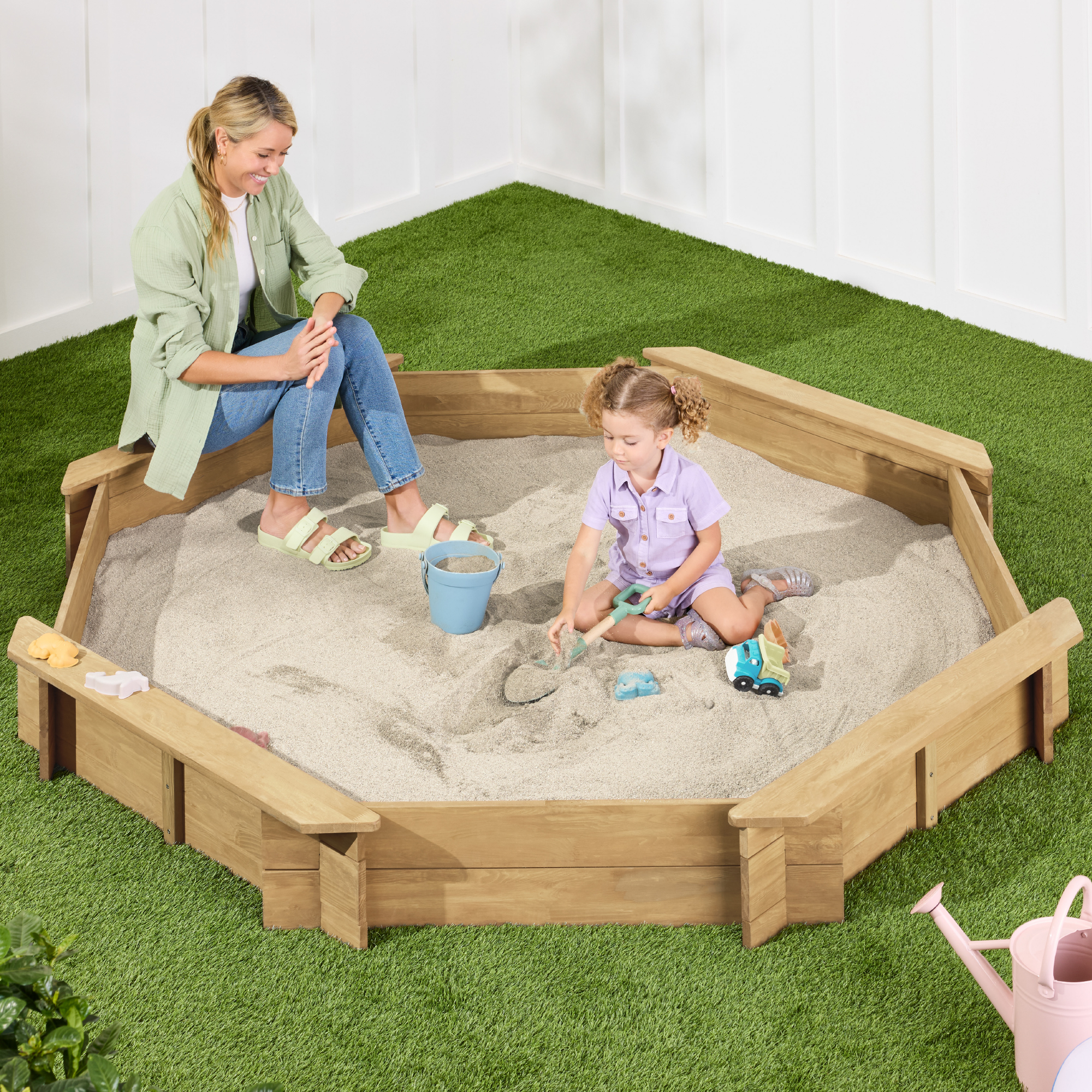 Kids Octagonal Wooden Outdoor Sandbox w/ Benches, 8 Seats, Cover, XL Sandpit, Liner - Natural - Best Choice Products Online