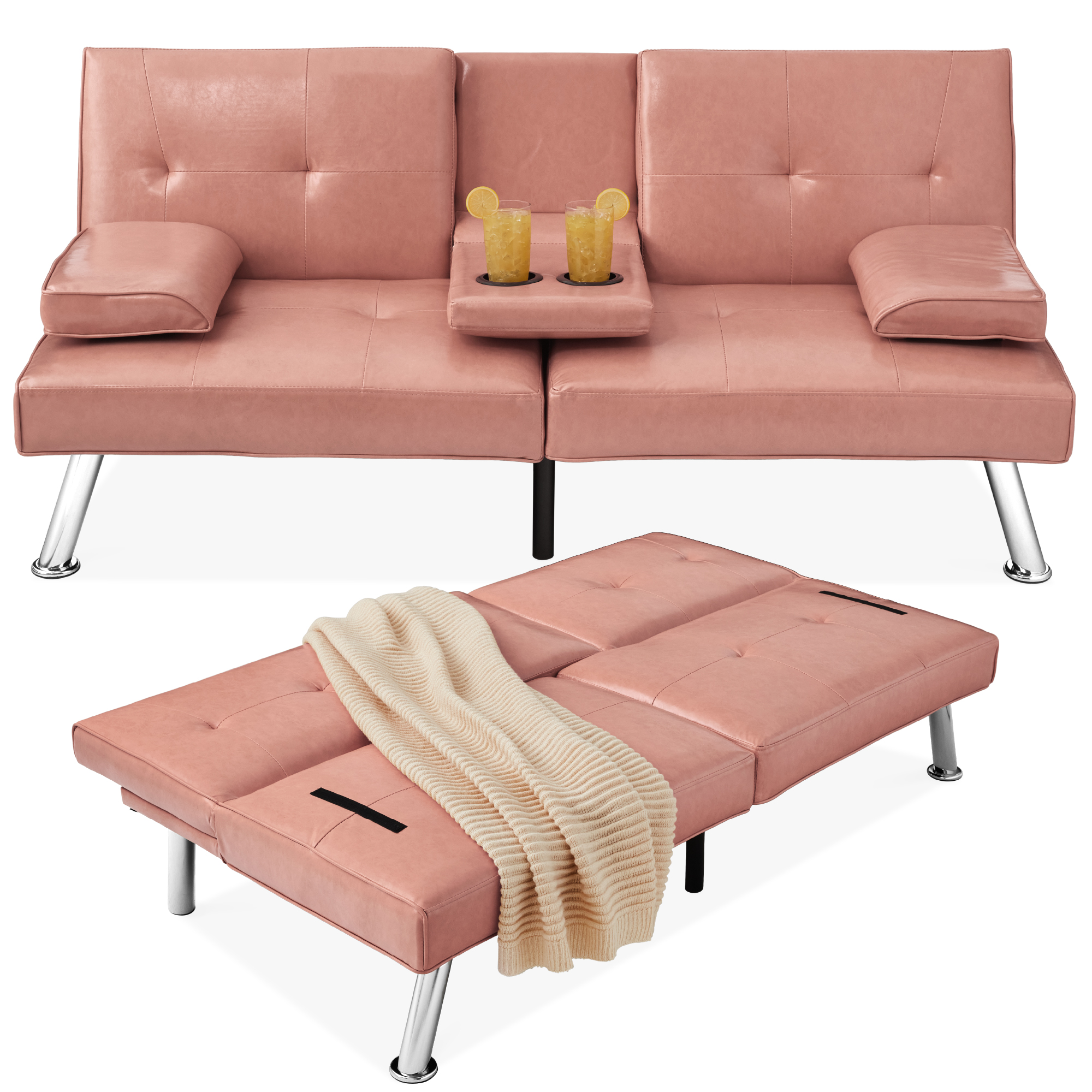 Modern Faux Leather Convertible Futon Sofa w/ Removable Armrests, 2 Cupholders - Pink - Best Choice Products Online