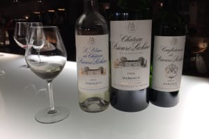 glasses of red Bordeaux wine lined up for a comparative tasting at a private château visit