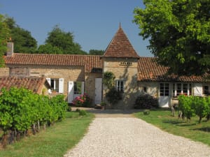 Traditional stone farmhouse-style château with vineyards in front