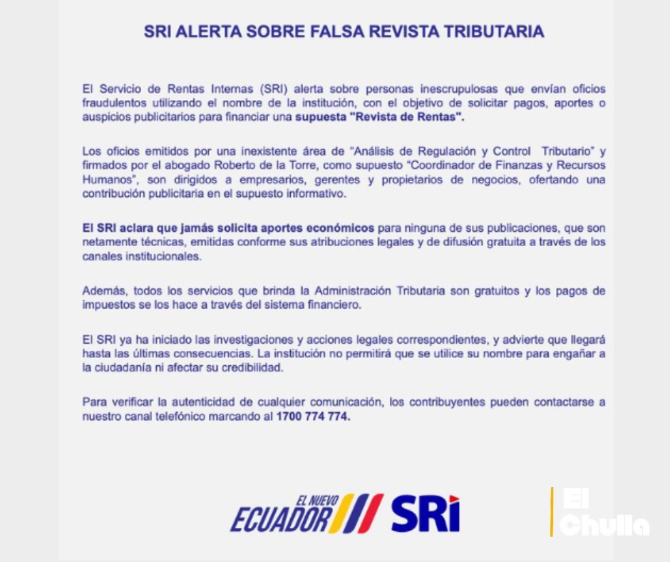 Comunicado Oficial: El SRI alerta sobre la circulación de una falsa revista tributaria.