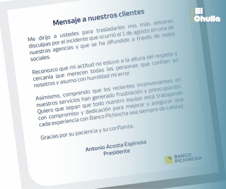 "‘¡Váyase a otro y no joda!’: Presidente de Banco Pichincha pide disculpas tras polémico altercado con cliente"