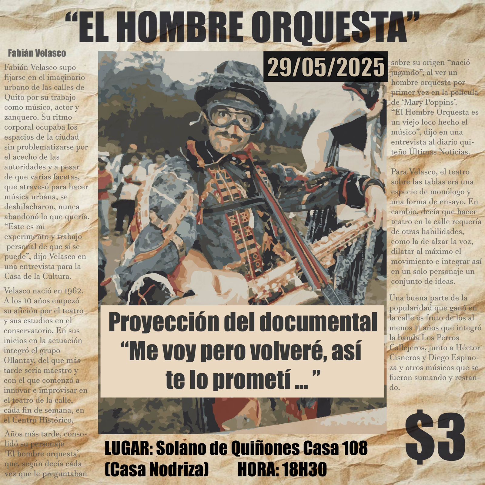 Cultura viva en las calles de Quito: documental sobre Fabián Velasco, el “Hombre Orquesta”, se proyectará este 29 de mayo