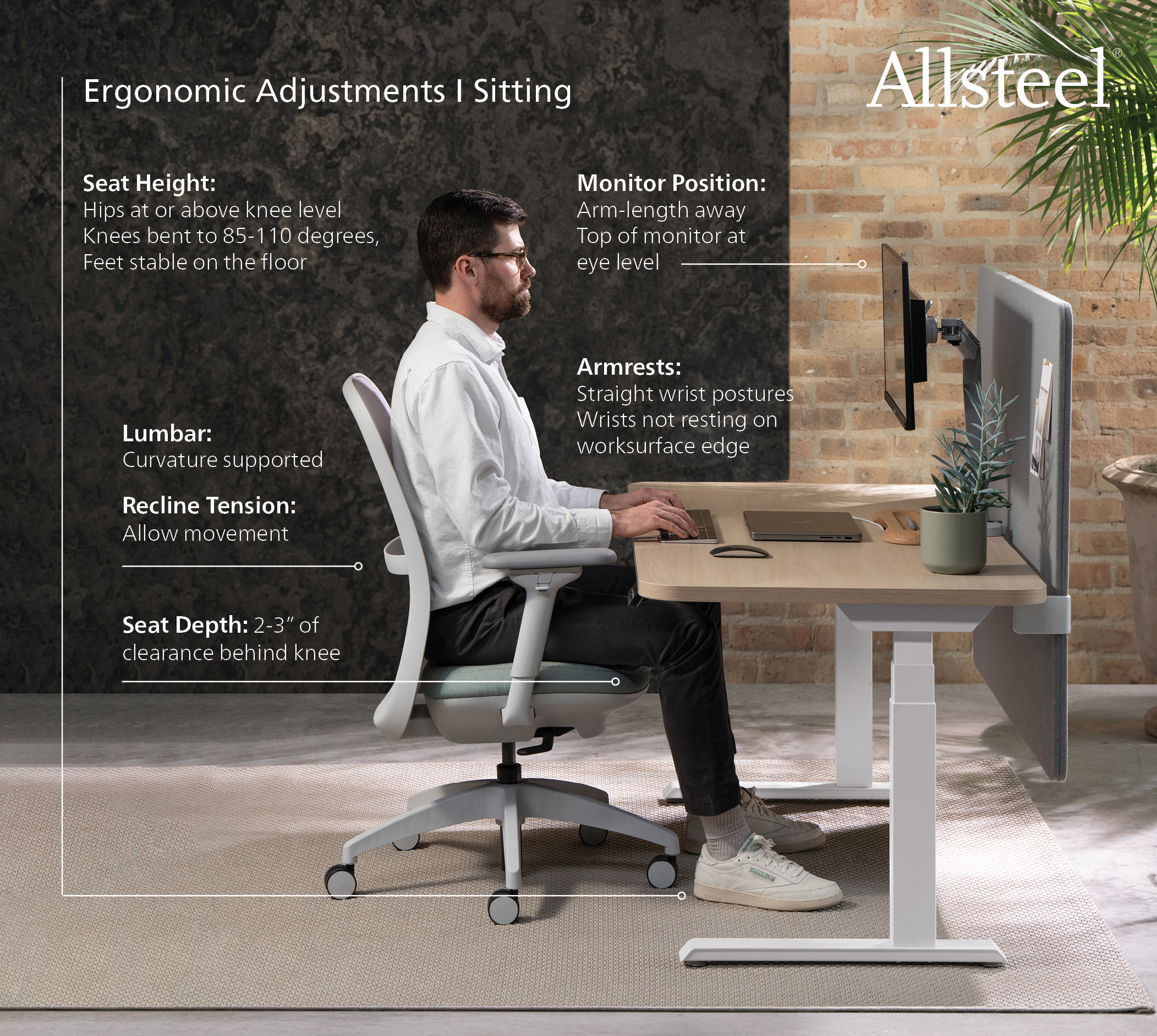 A man at a desk seating with ergonomics and position disctriptors
