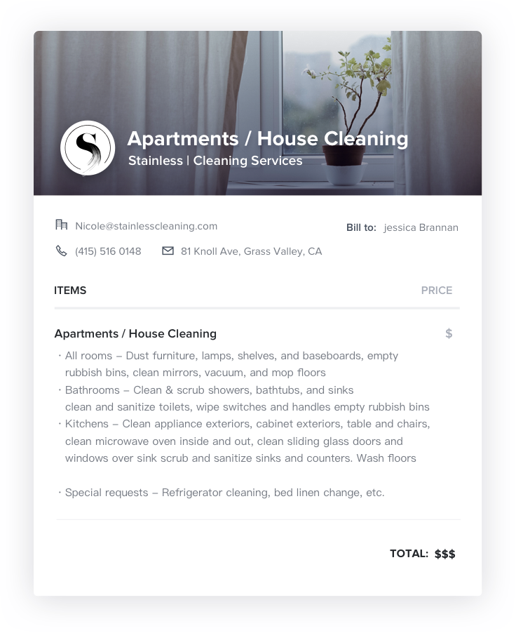 Apartment & Private Home Cleaning Invoice