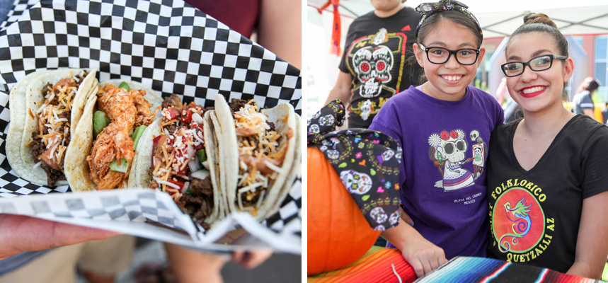 Two photos - left: four different tacos on a plate, right: a woman and little girl smile while seated at an arts and crafts booth