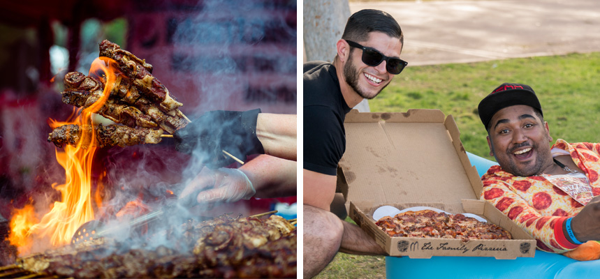 Two photos - left: a man grills beef skewers, right: two friends hang out with a pizza