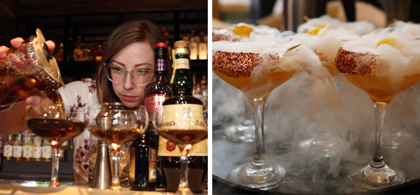 Two photos - left: a bartender carefully pours a custom cocktail, right: four frothy, steaming cocktails sit on a serving tray