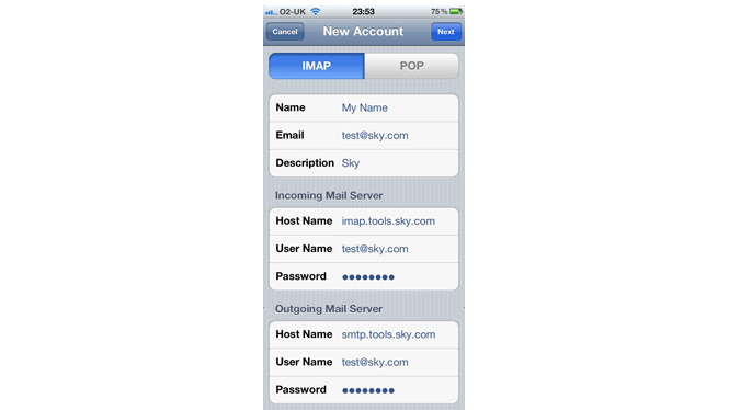 iPhone screen IMAP and POP email settings