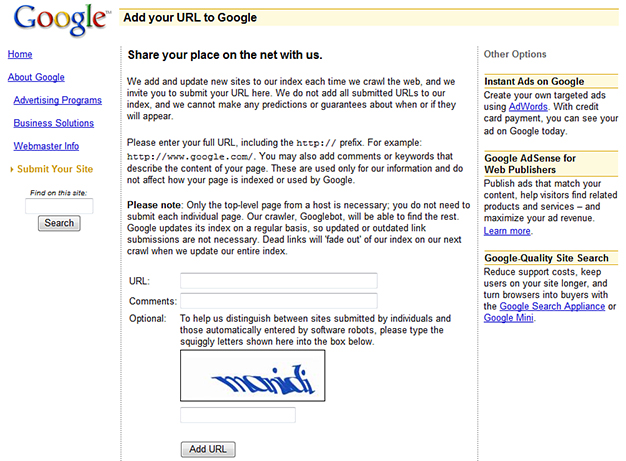 Submitting your site to the Google index.