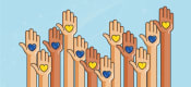 Image of raised hands holding blue and yellow hearts