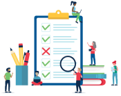 Graphic of people standing around a large clipboard with a survey