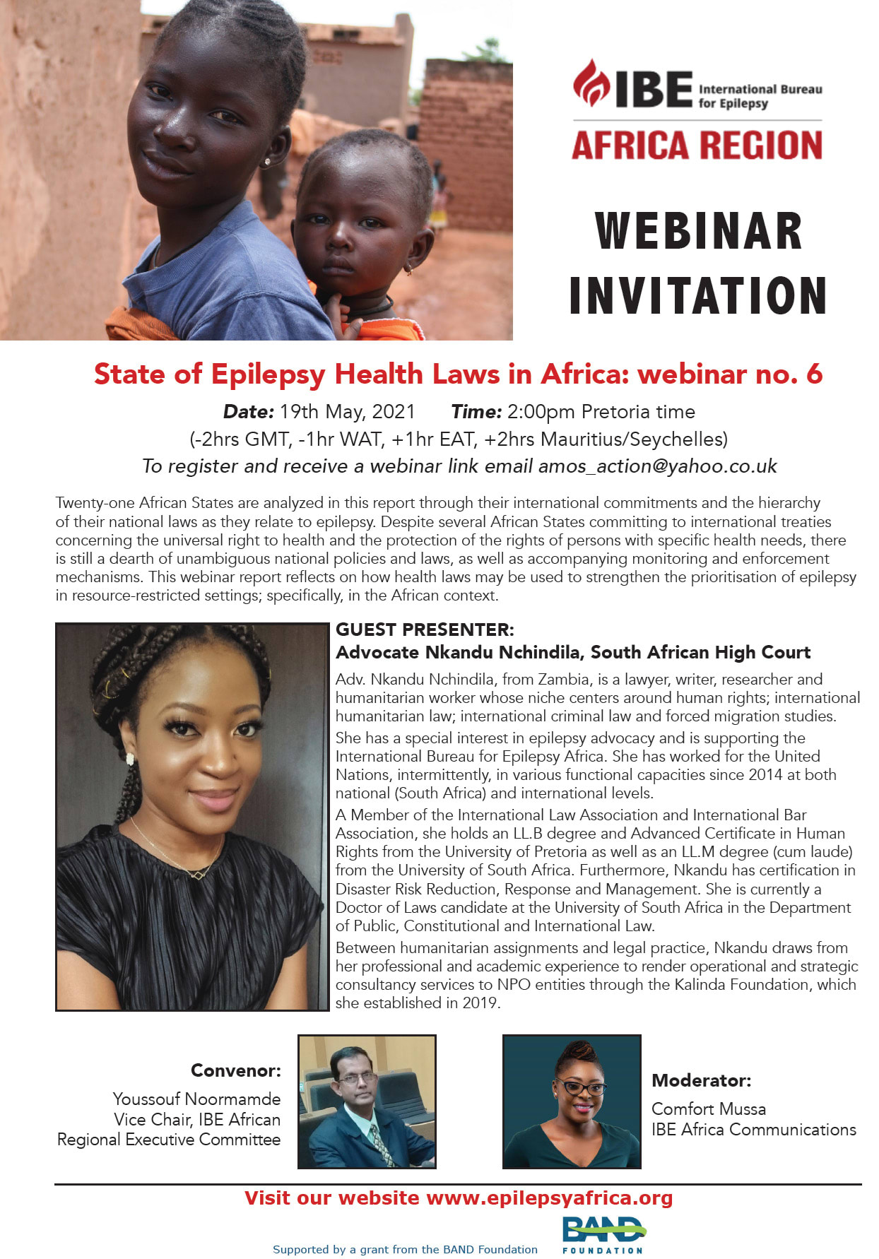 Flyer: State of Epilepsy health laws in Africa. Webinar, May 19, 2021