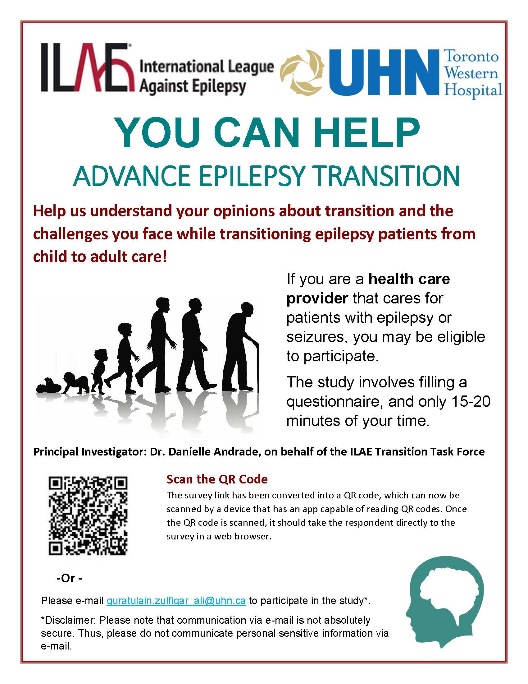 Transition in Epilepsy – A survey for healthcare practitioners. If you are a health care provider that cares for patients with epilepsy or seizures, you may be eligible to participate. Please e-mail quratulain.zulfiqar_ali@uhn.ca to participate in the study.