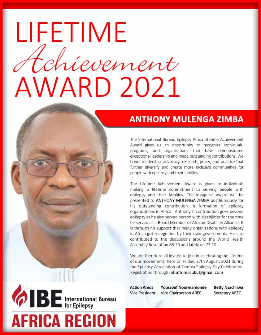 Zambia Epilepsy Day 2021 lifetime achievement award for Anthony Mulenga Zimba