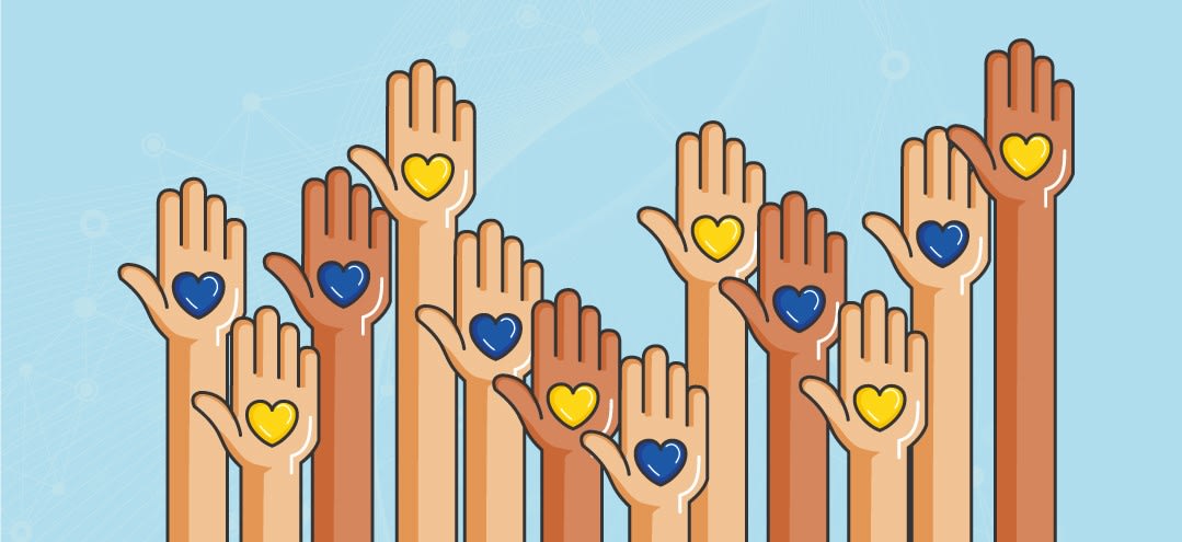 Image of raised hands holding blue and yellow hearts