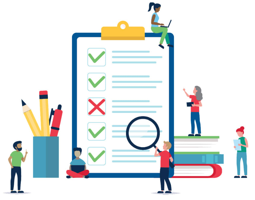 Graphic of people standing around a large clipboard with a survey