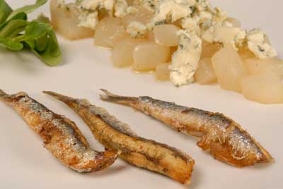 Recipe from Spain Fried Sardine with Turnip Au Roquefort (Boqueron Frito con Navo al Roquefort)