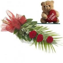 3 Red Roses Bouquet With Teddy Bear