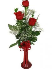 3 Red Roses In Glass Vase