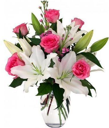 Pink Roses And White Lilies Vase