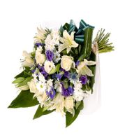 White Lily Blue Iris Funeral Sheaf