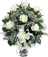 6 White Roses In A Glass Vase