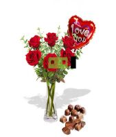 6 Roses package with Chocolate Box and I Love You Helium Balloon