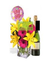 Asiatic and Gerbera Package White Wine and Its a GIRL Helium Balloon