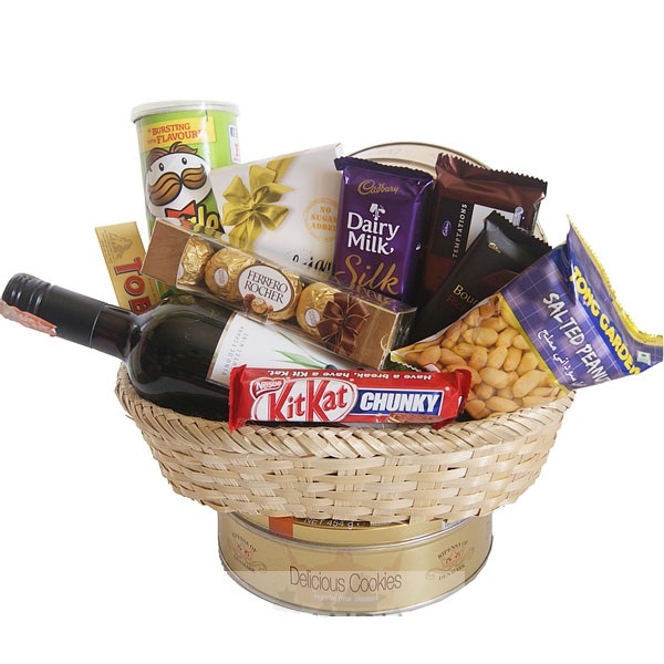 Chocolates, Cookies, Snacks and Wine Beautifully Arranged Basket