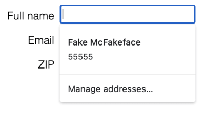 Screenshot of autofill popup on Chrome showing only two fields: name and zip, both visible