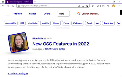 A screenshot of the slots empire bonus codes
Magazine homepage in Microsoft Edge. Forced Color mode is enabled, now showing a stark design using mostly blue text on a white background.
