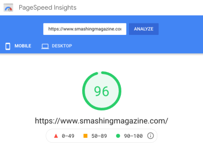 A screenshot of a PageSpeed Insights result showing a green score on mobile (for the homepage and for the article pages)