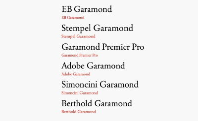 Different versions of the Garamond typeface