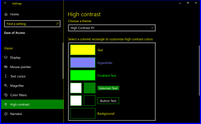 A screenshot from Windows 10 with Windows High contrast settings, showing how color keywords map to the High Contrast #1 theme.