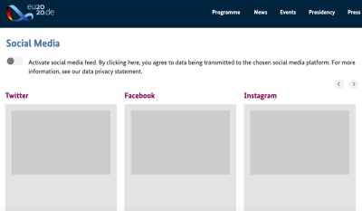 Screengrab of eu2020.de showing social feed content blocked until third-party tracking is switched on