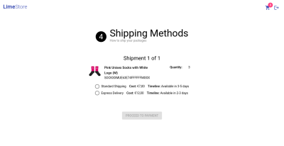Screenshot of shipping methods page