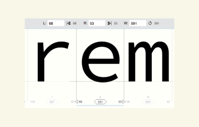 A software screengrab of FontLab VI’s Manual Metrics Editing panel. Shows the lowercase letter e with a black line to the left and right. And 3 changeable values below.