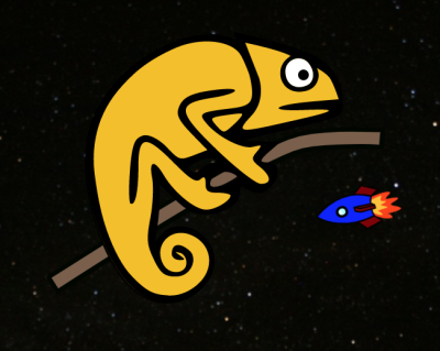 In dark mode, she is sitting on a branch in space with a blue rocket zooming past. In both environments, her colors automatically change and her eyes move around.