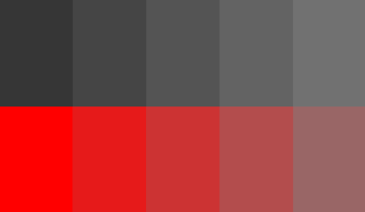 Red color swatches increasingly desaturated, with grayscale filter applied to top half
