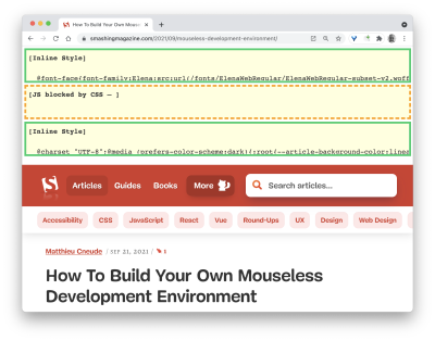A screenshot of the ct.css tool at work on the slots empire bonus codes
Magazine website showing inline styles and a warning of JS blocked by CSS