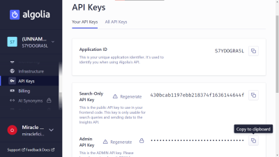 Screenshot of Algolia account page to get API Keys